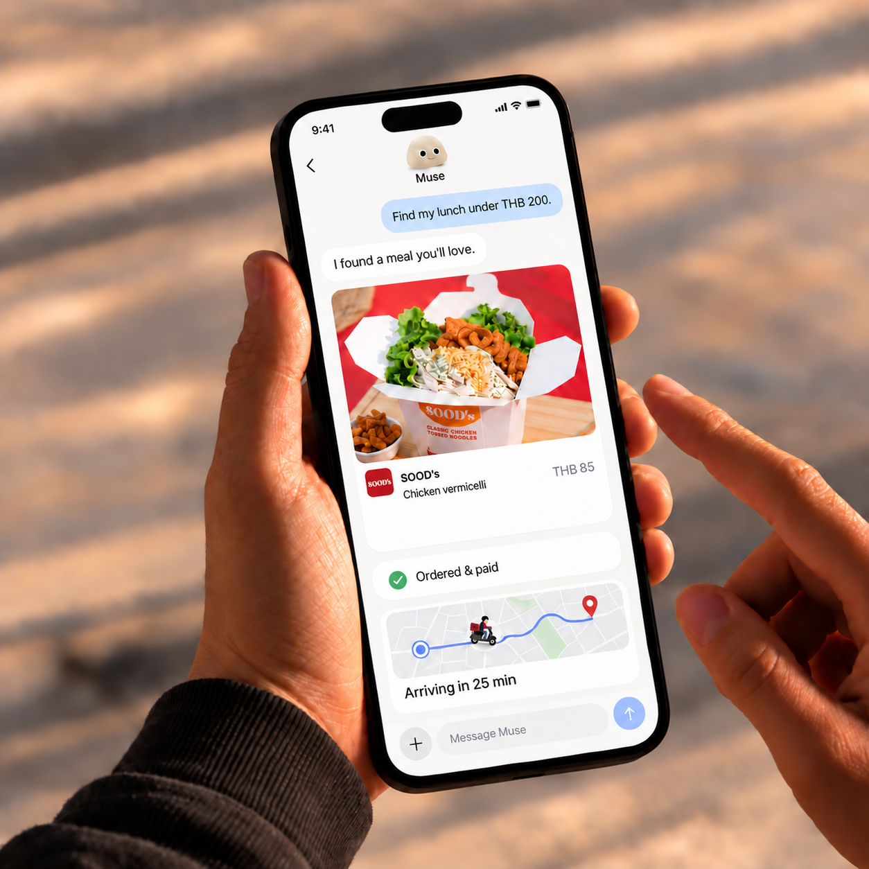 Illustrative mockup of a planned DotDash AI discovery concept; ordering, payment, and delivery shown are not live features
